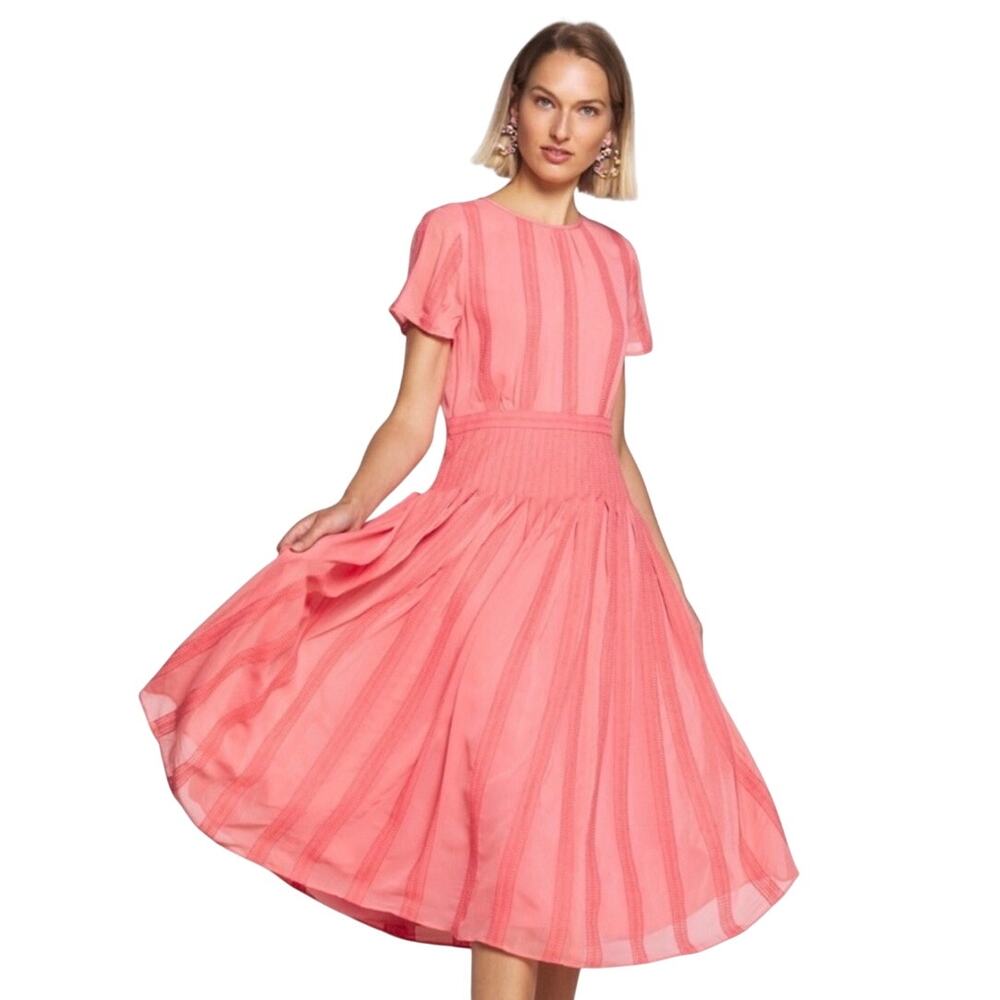 J. Crew Coral Pink Embroidered Pleated Midi Dress Back Keyhole Size 10